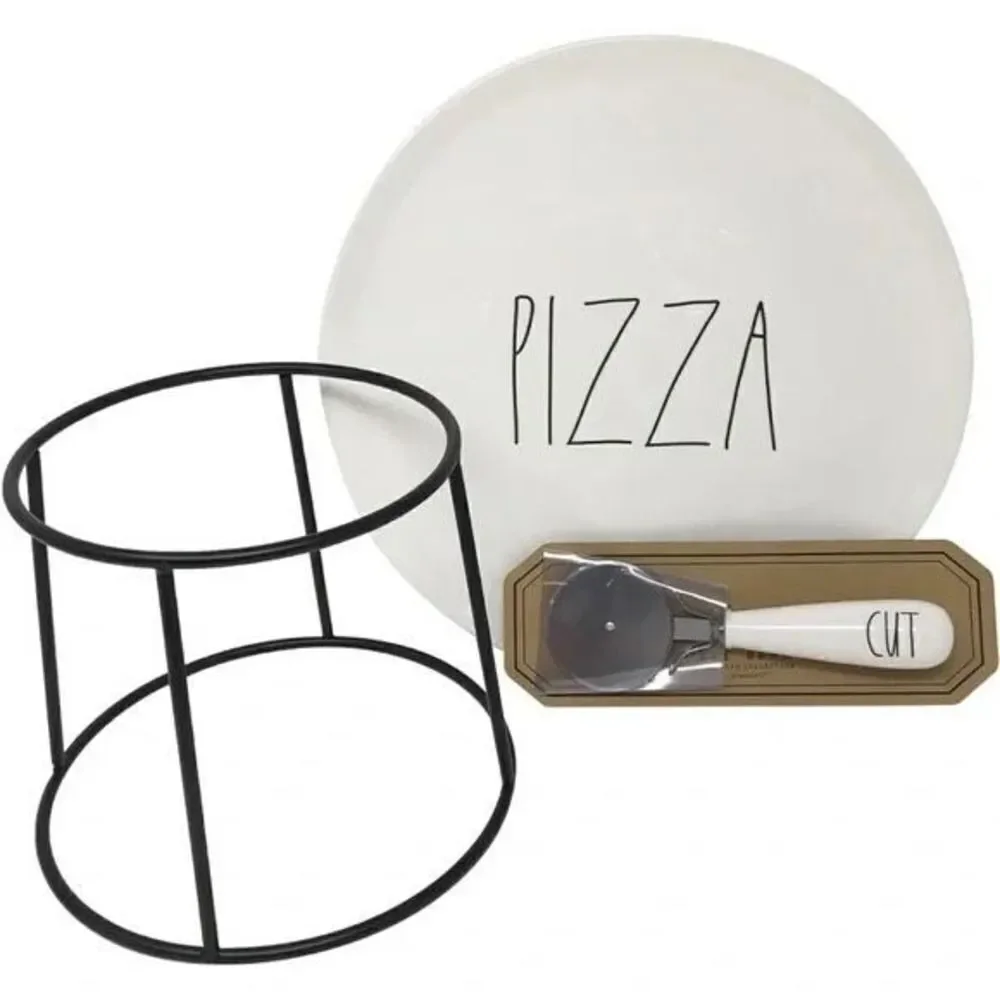 NWT Rae Dunn Pizza Tray and Cutter Set - includes stand, plate, and pizza cutter